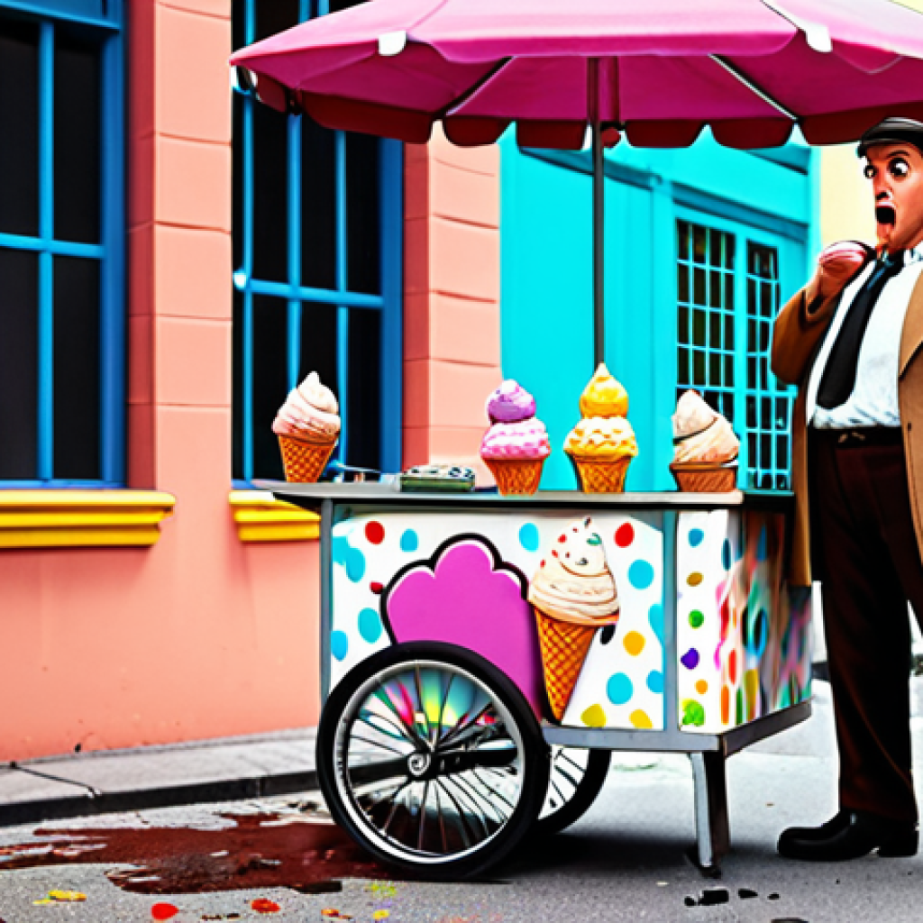 **

A cartoonish, slightly goofy detective with a unique appearance stands next to a distraught ice cream vendor, whose cart is empty. Colorful gelato splatters on the ground. Children look on with sad expressions. Style should match the book's vibrant illustrations.

**