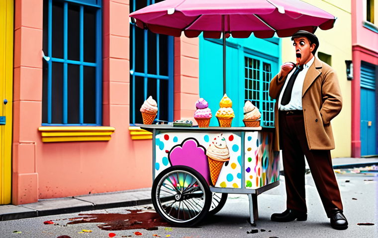 **
A cartoonish, slightly goofy detective with a unique appearance stands next to a distraught ice cream vendor, whose cart is empty. Colorful gelato splatters on the ground. Children look on with sad expressions. Style should match the book's vibrant illustrations.
**