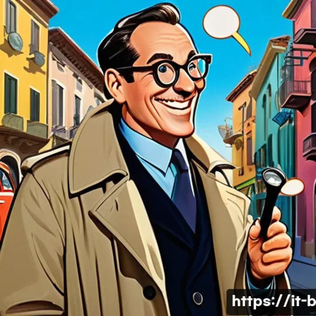 엉덩이탐정과 셜록 홈즈 오마주 - A colorful, exaggerated caricature of a playful detective named "Detective del Sedere" wearing quirk...