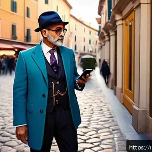 엉덩이탐정 캐릭터 특징 - A charismatic, eccentric detective standing confidently in a bustling urban Italian piazza at dusk, ...