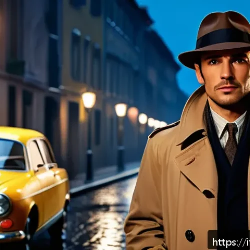 엉덩이탐정 한글판 더빙 성우 - A charismatic male detective standing confidently in a dimly lit Italian city street at night, weari...