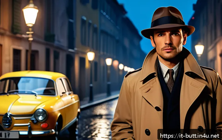 엉덩이탐정 한글판 더빙 성우 - A charismatic male detective standing confidently in a dimly lit Italian city street at night, weari...