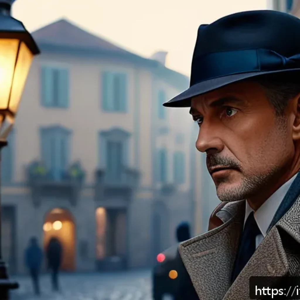 엉덩이탐정 에피소드별 교훈 - A thoughtful middle-aged male detective in a classic Italian cityscape, wearing a smart trench coat ...