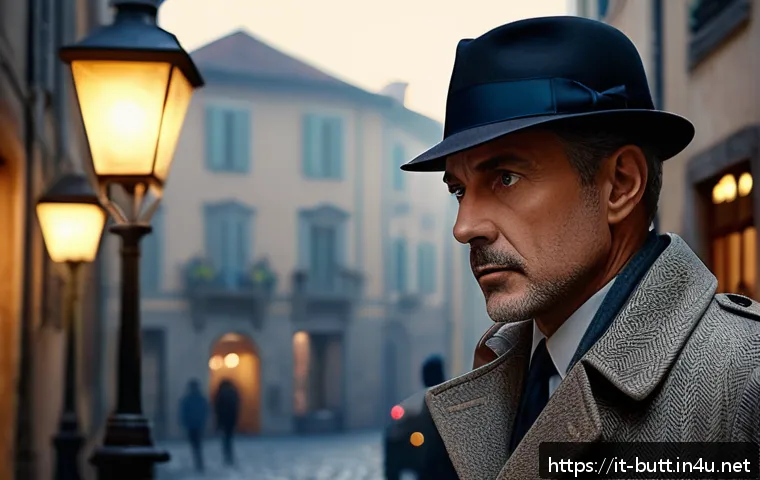 엉덩이탐정 에피소드별 교훈 - A thoughtful middle-aged male detective in a classic Italian cityscape, wearing a smart trench coat ...