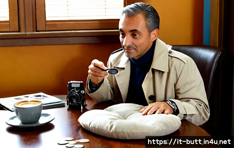 Home 17 엉덩이탐정의 유머 코드 - Photorealistic comedic mystery scene in a cozy Italian detective office, a fully clothed middle-aged...